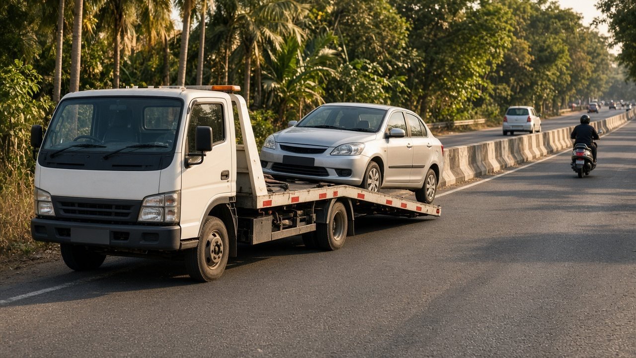 Tow truck carrying a sedan on an Indian highway shoulder