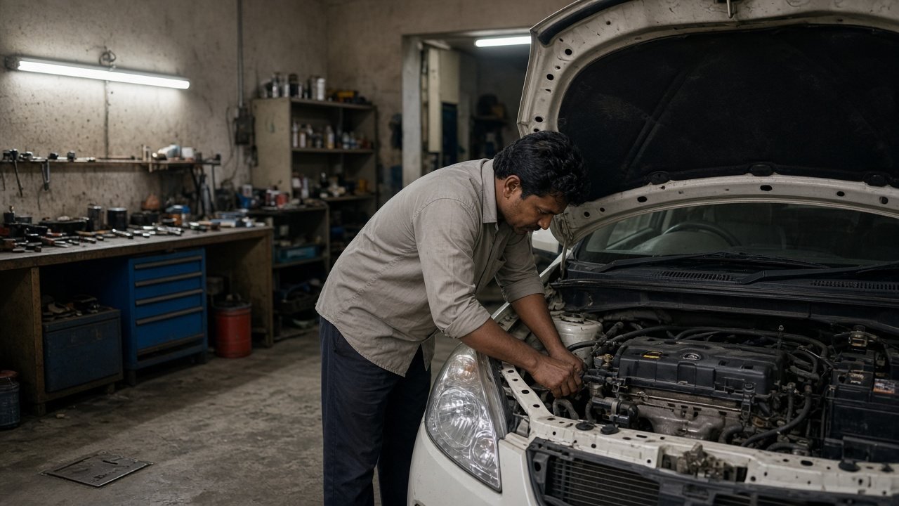 Mechanic working under the open bonnet of a hatchback