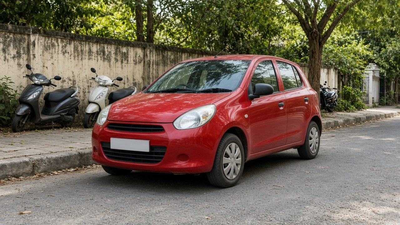 Red hatchback parked on a Bengaluru street