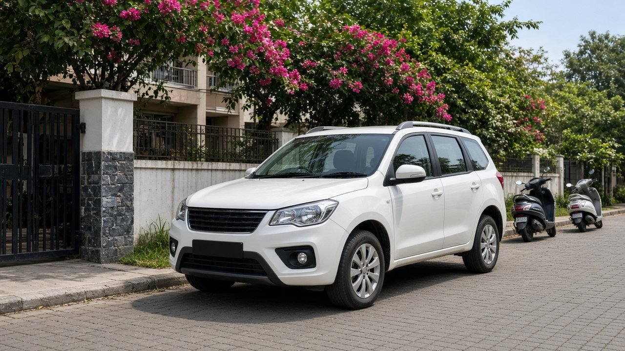 White SUV parked outside an apartment gate in Bengaluru