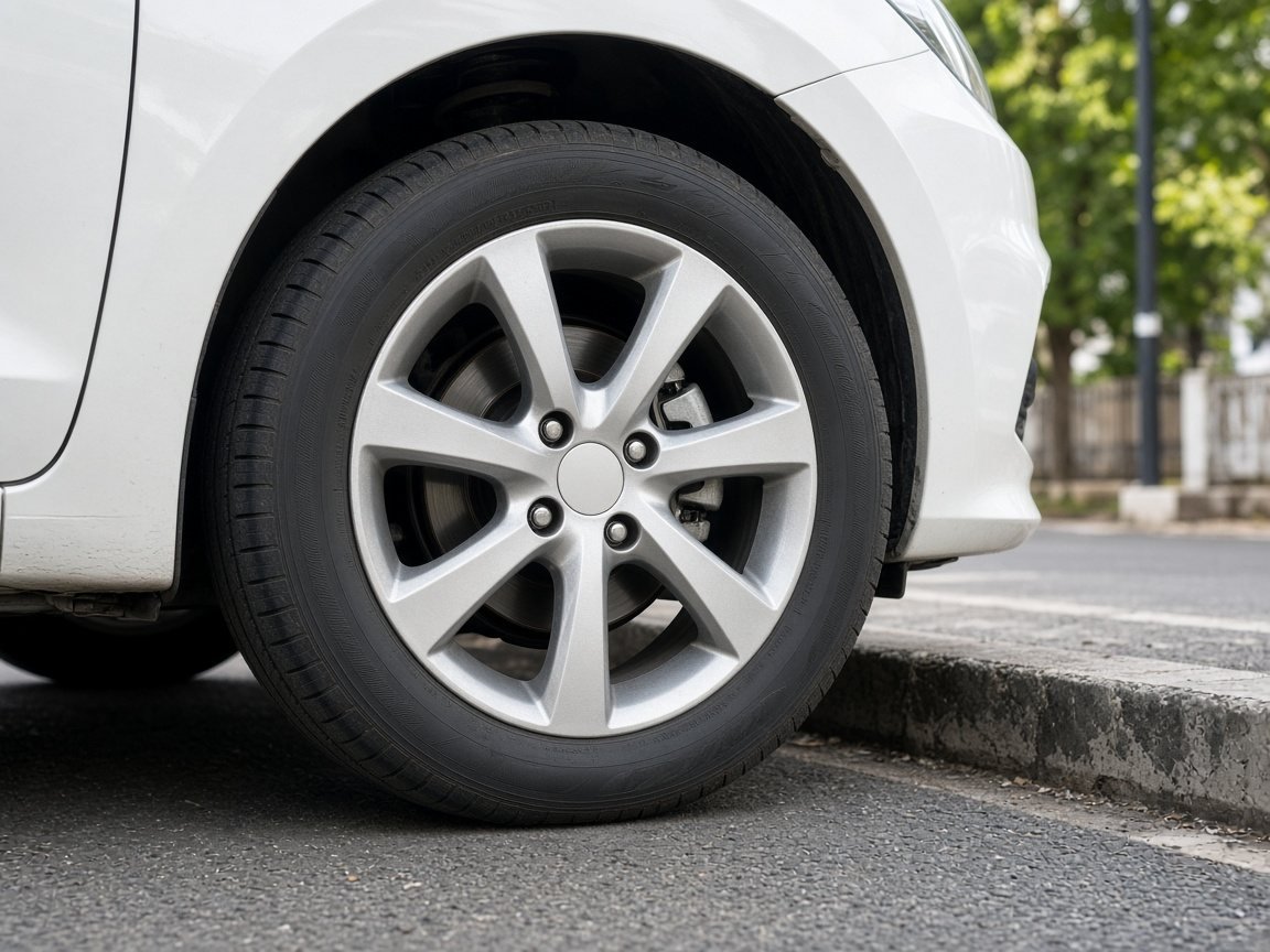 Wheel and tyre of a white car